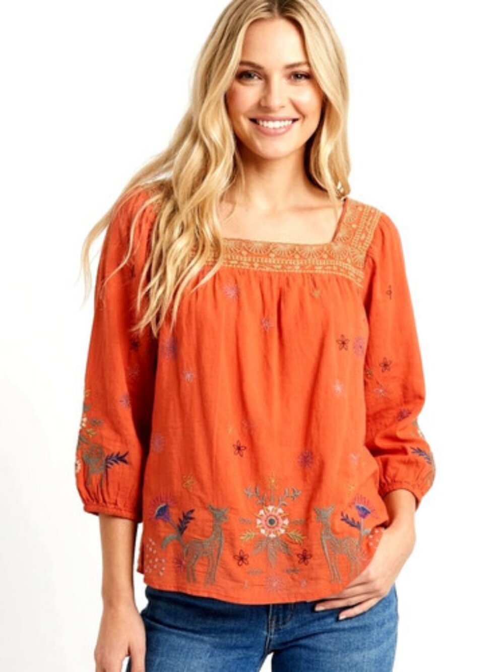 JOHNNY WAS Lucy Artisan Boho Orange 100% COTTON Floral Embroidery Blouse Size L